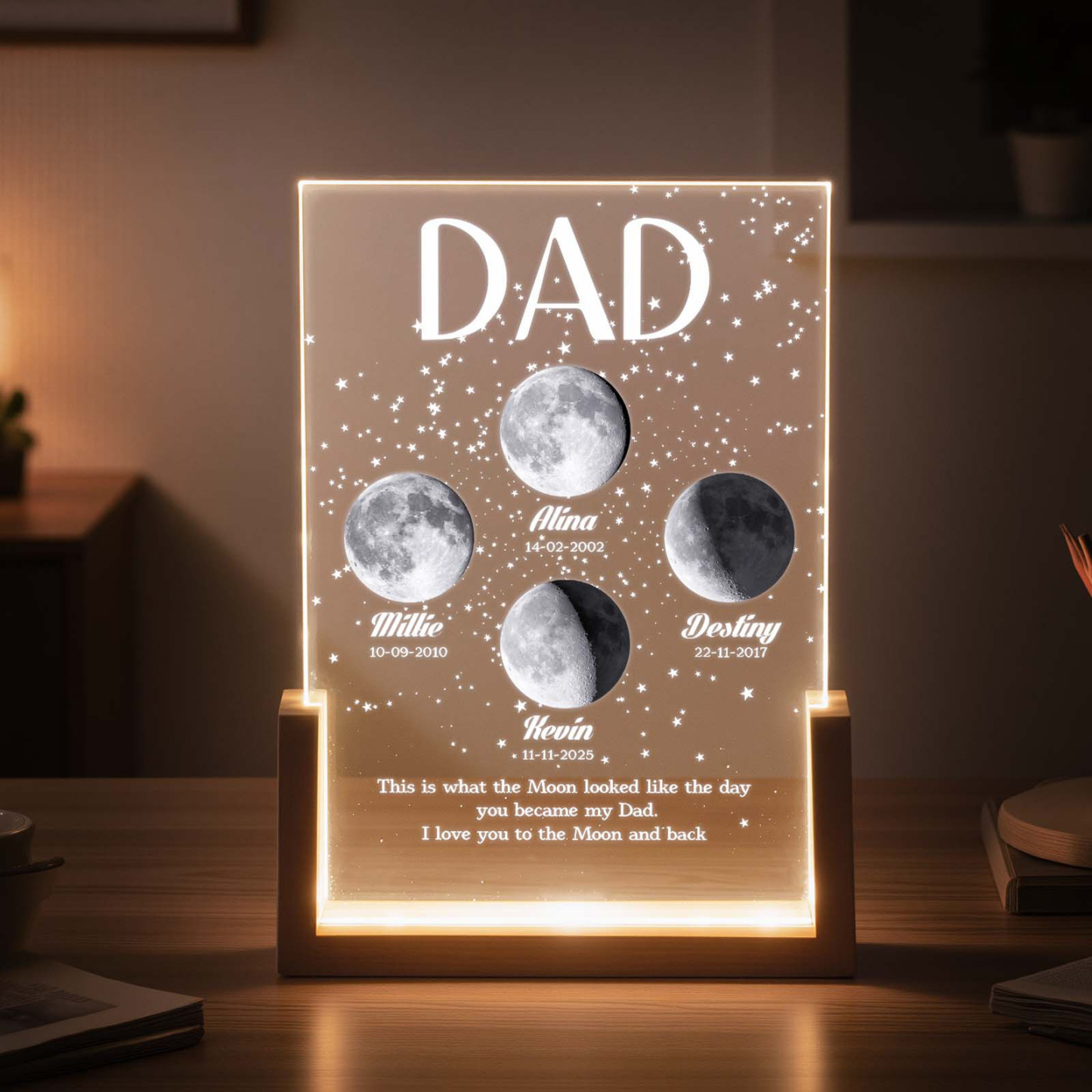 Moon Phase Dad Gift – Personalized Acrylic Plaque Light, Custom Night Sky Gift for Dad, Father’s Day Gift, LED Moon Lamp Keepsake - MyFaceSocksAU