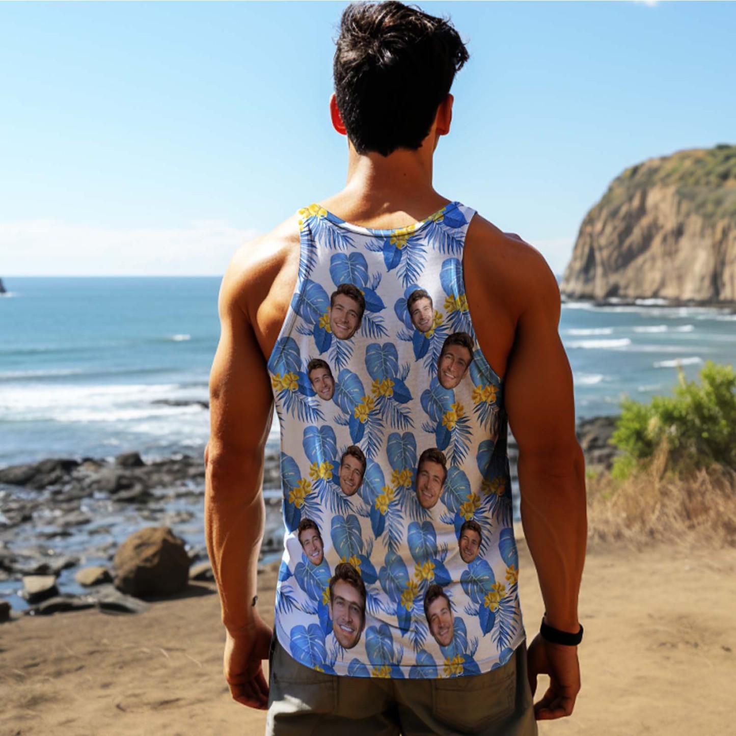 Custom Face Tank Tops Hawaiian Tropical Style Casual Tank Top Blue Flower - MyFaceSocksAU