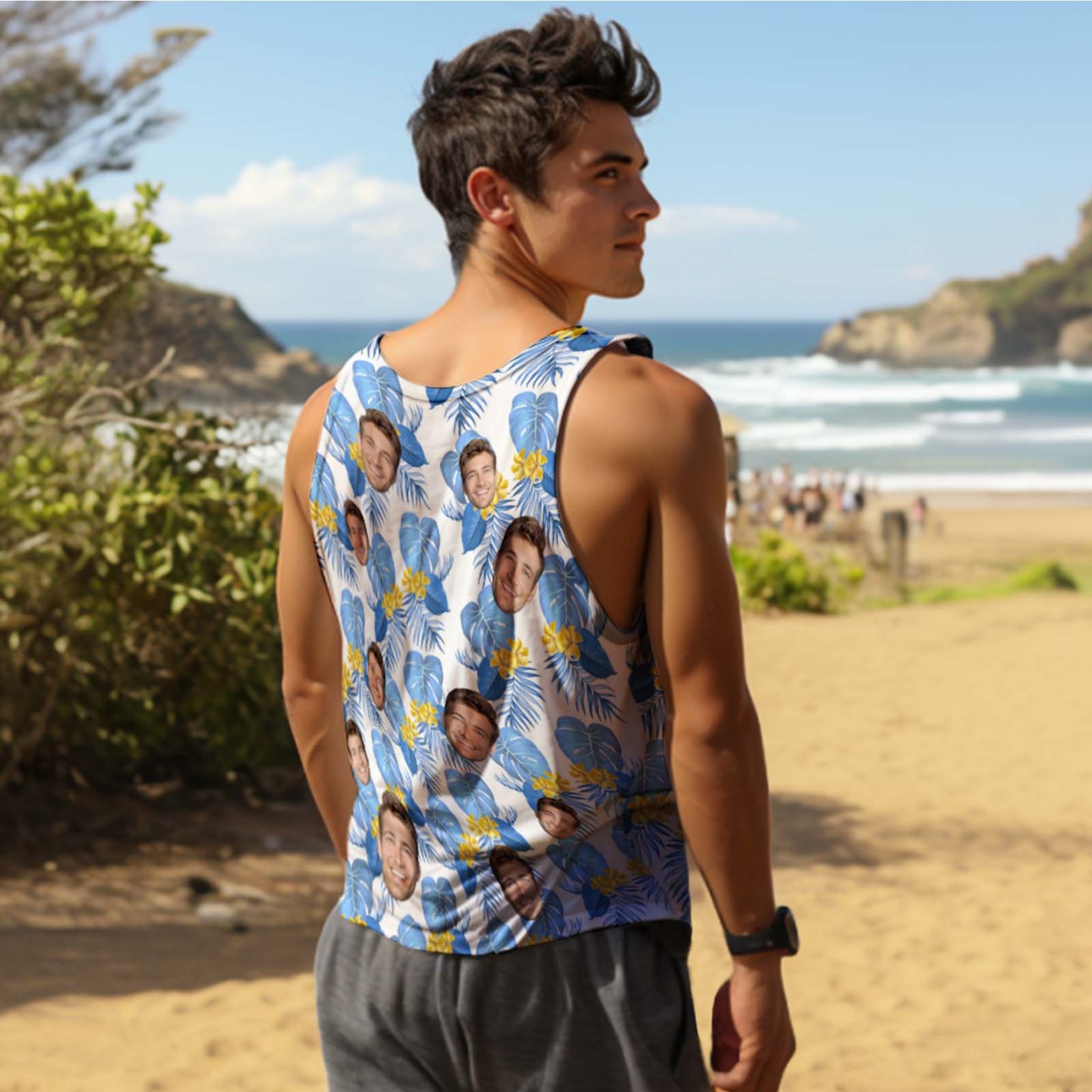 Custom Face Tank Tops Hawaiian Tropical Style Casual Tank Top Blue Flower - MyFaceSocksAU
