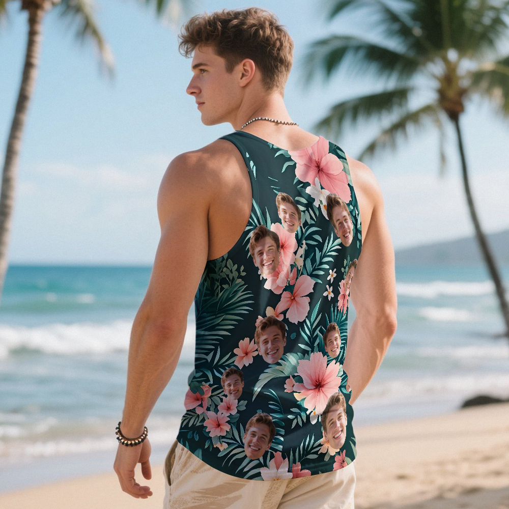 Custom Funny Face Hawaii Tank Tops Tropical Leaves Summer Hawaiian White Tank Tops For Men - MyFaceSocksAU