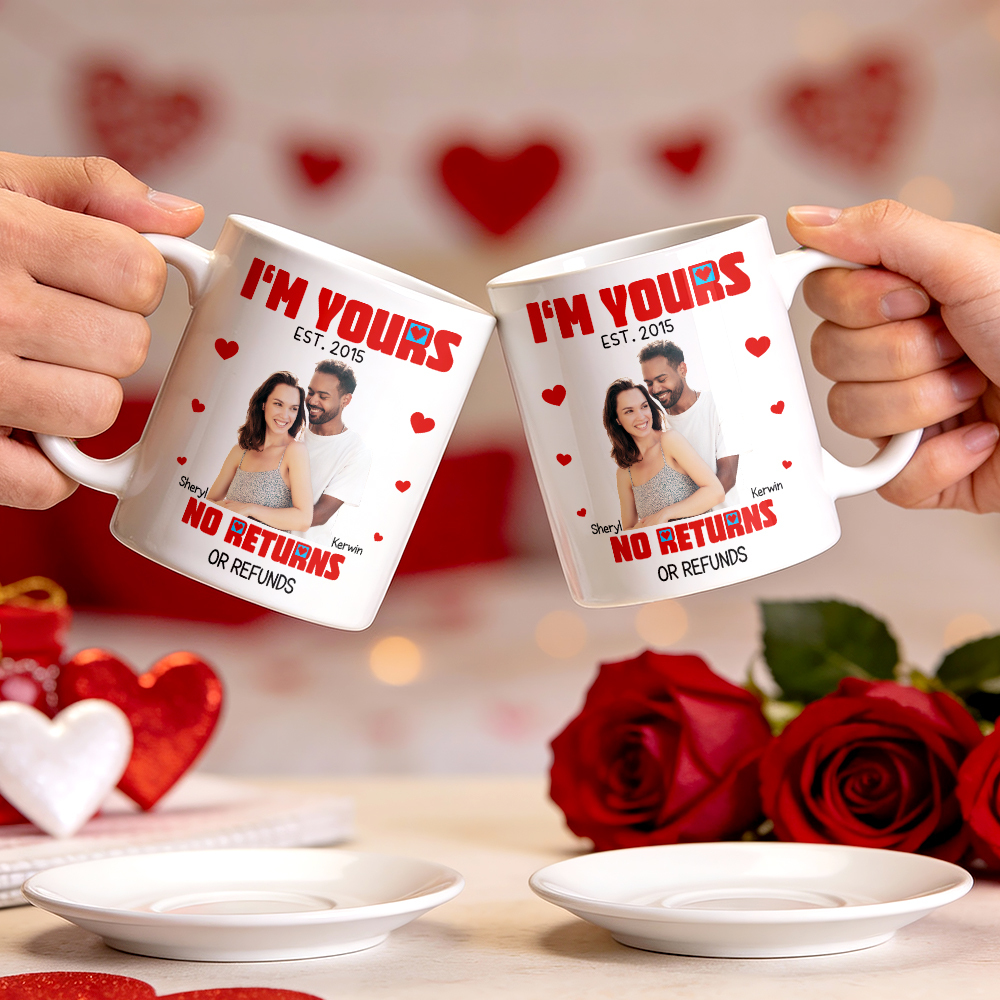 Custom Cartoon Mug Photo And Name Mug I'm Yours No Returns Or Refunds Valentine Anniversary Gift - MyFaceSocksAU