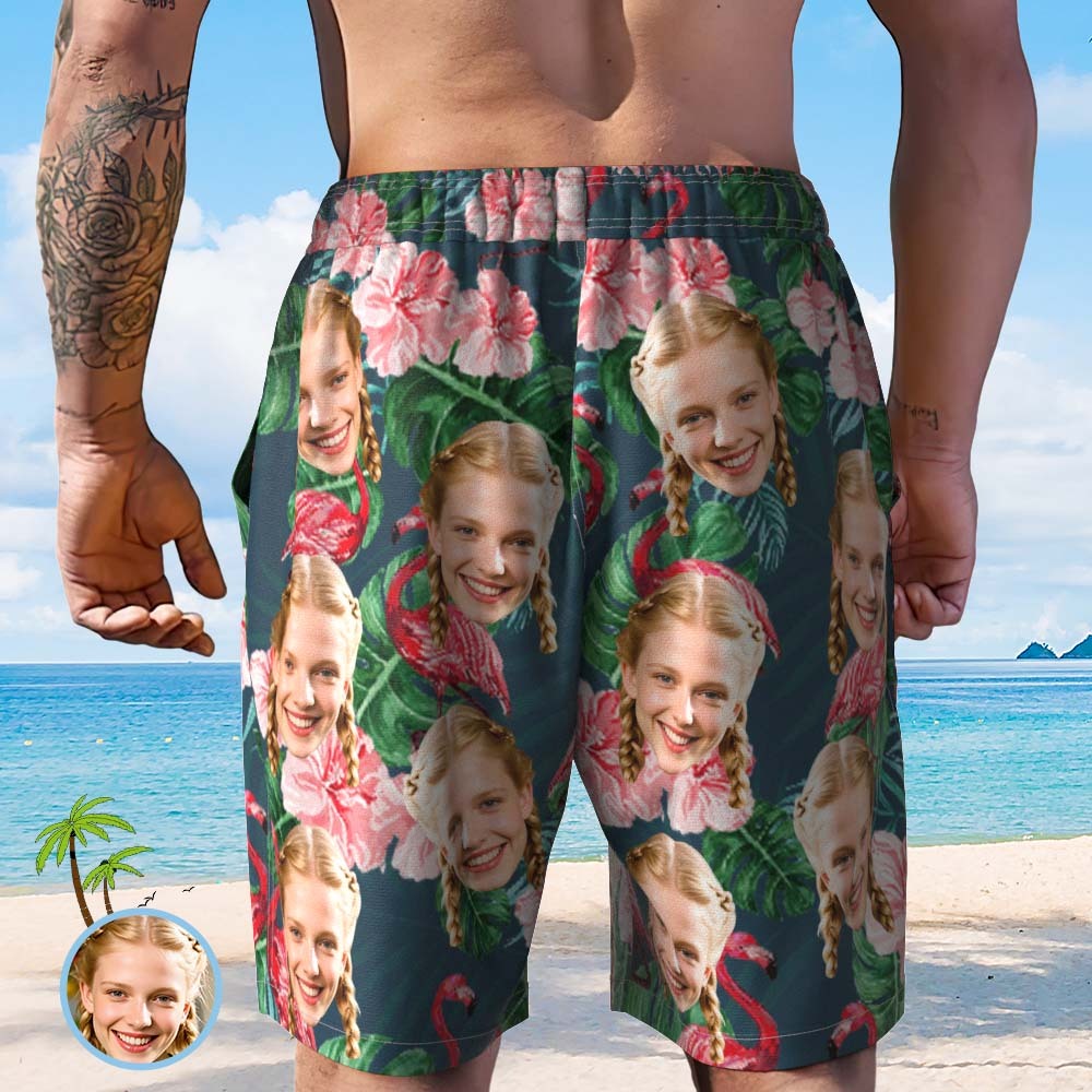 Custom Face Beach Short Personalized Photo Swim Trunks Random Tropical Print Shorts for Boyfriend Dad - MyFaceSocksAU