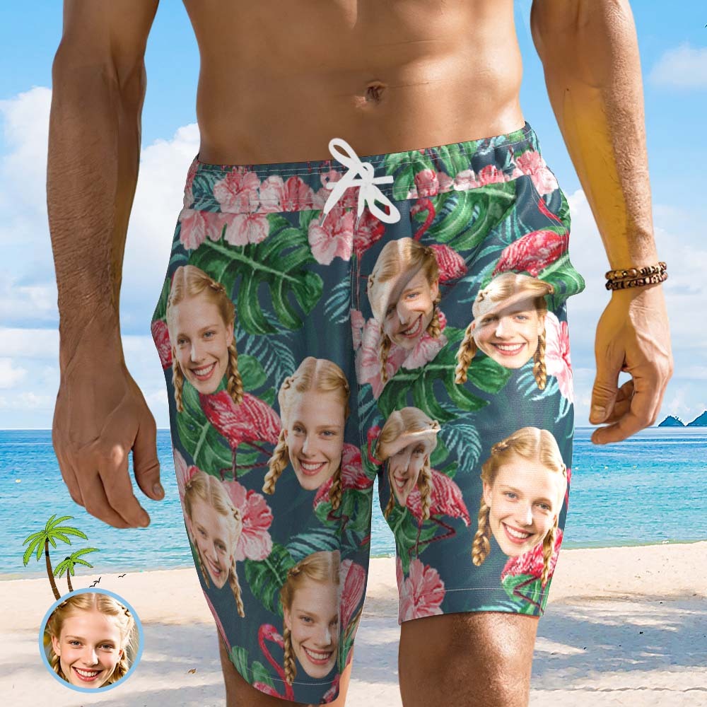 Custom Face Beach Short Personalized Photo Swim Trunks Random Tropical Print Shorts for Boyfriend Dad - MyFaceSocksAU