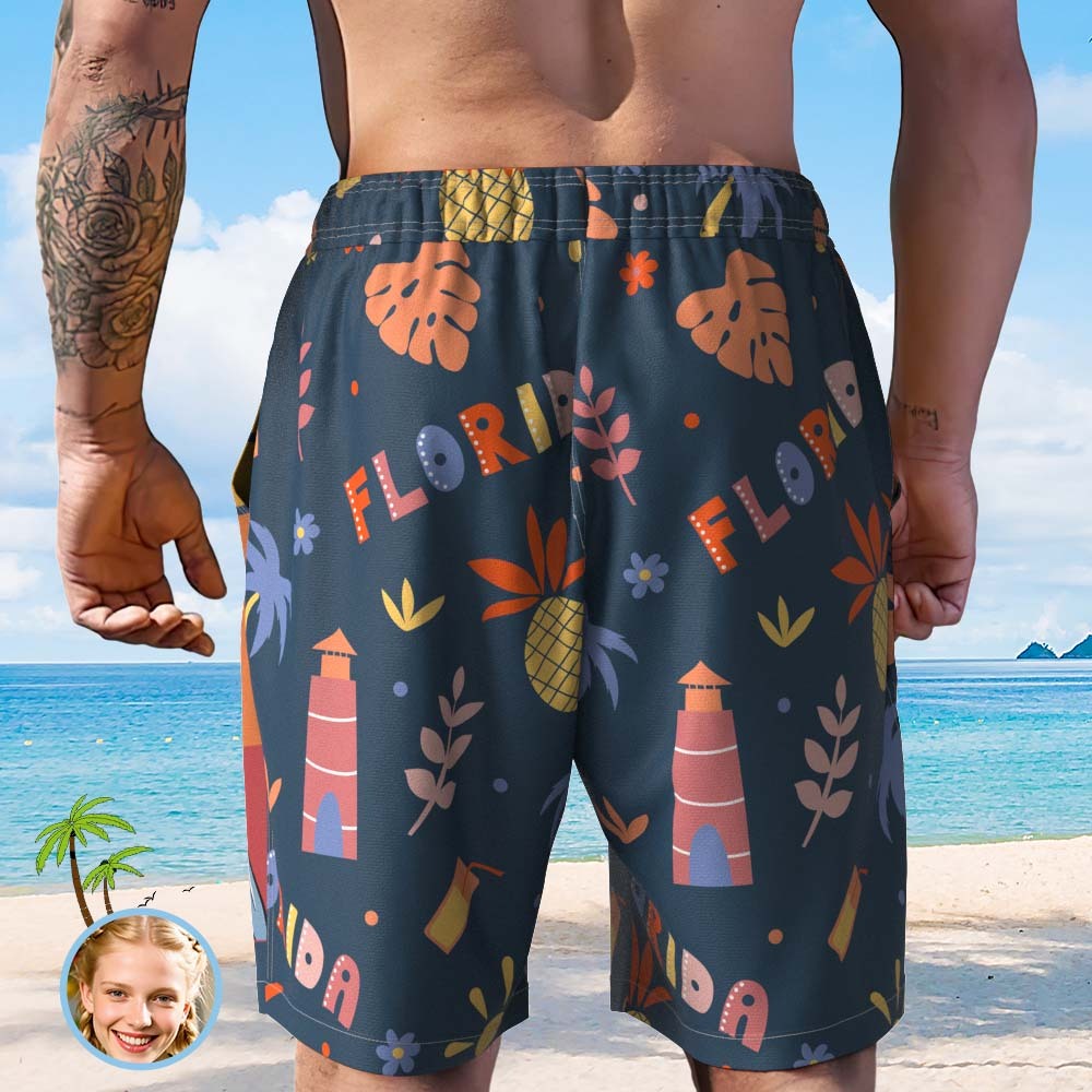 Personalized Face Beach Short Custom Photo Swim Trunks Shark Tropical Print Shorts - MyFaceSocksAU