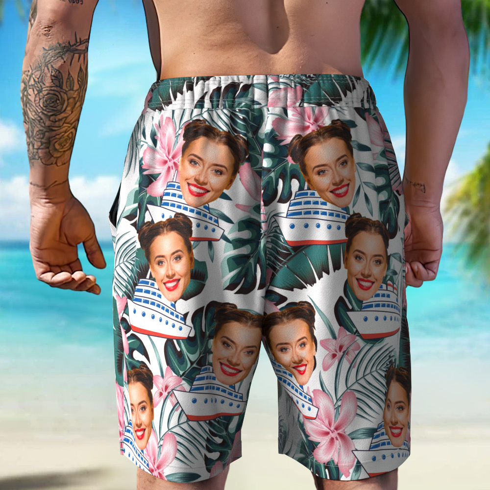 Custom Photo Cruise Ship Beach Shorts Gift For Traveling Lovers Personalized Blue Leaves Face Beach Shorts - MyFaceSocksAU