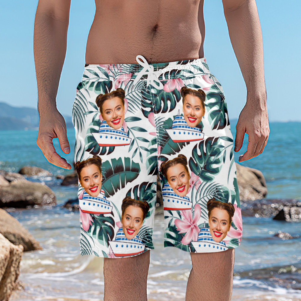 Custom Photo Cruise Ship Beach Shorts Gift For Traveling Lovers Personalized Blue Leaves Face Beach Shorts - MyFaceSocksAU