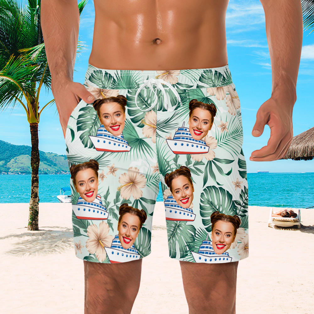 Custom Photo Cruise Ship Beach Shorts Gift For Traveling Lovers Personalized Blue Leaves Face Beach Shorts - MyFaceSocksAU