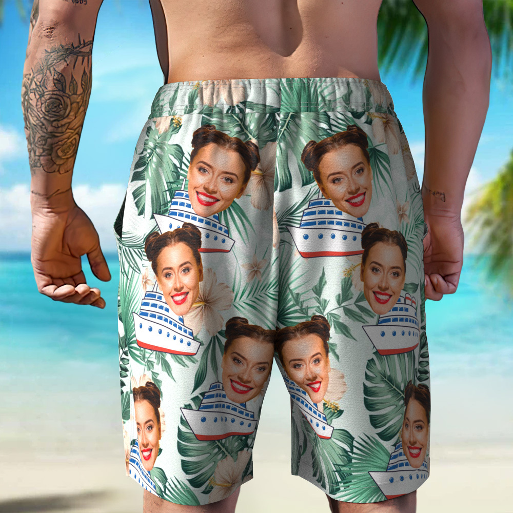 Custom Photo Cruise Ship Beach Shorts Gift For Traveling Lovers Personalized Blue Leaves Face Beach Shorts - MyFaceSocksAU