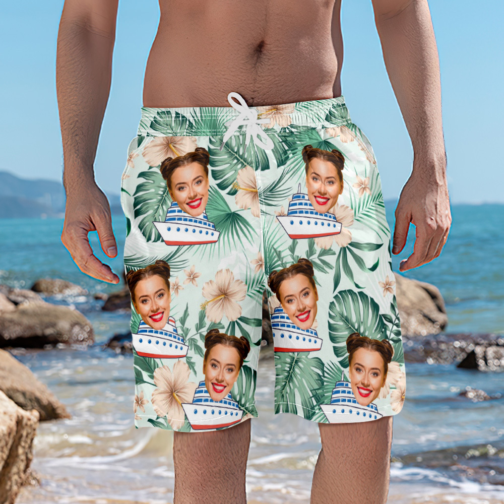 Custom Photo Cruise Ship Beach Shorts Gift For Traveling Lovers Personalized Blue Leaves Face Beach Shorts - MyFaceSocksAU