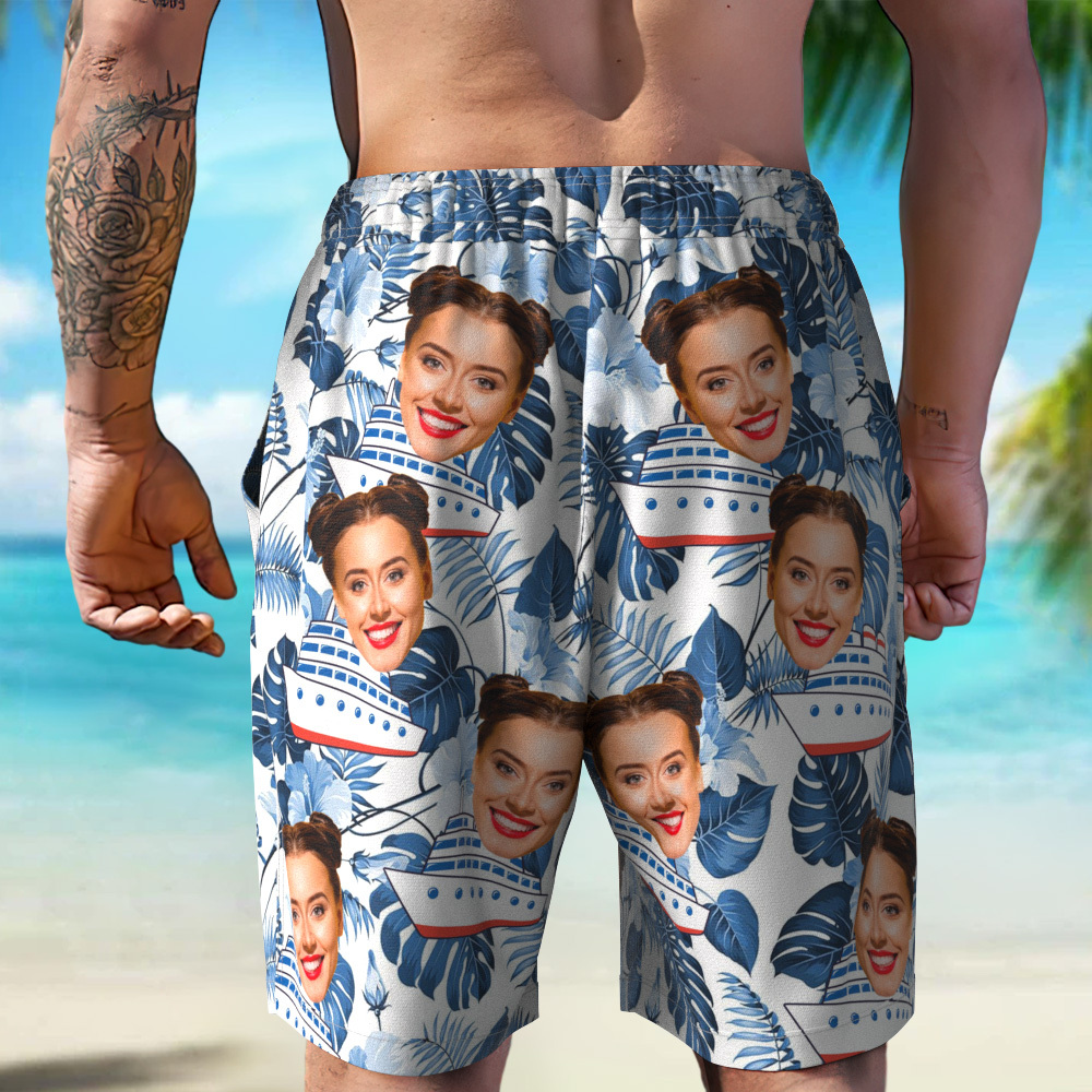 Custom Photo Cruise Ship Beach Shorts Gift For Traveling Lovers Personalized Blue Leaves Face Beach Shorts - MyFaceSocksAU
