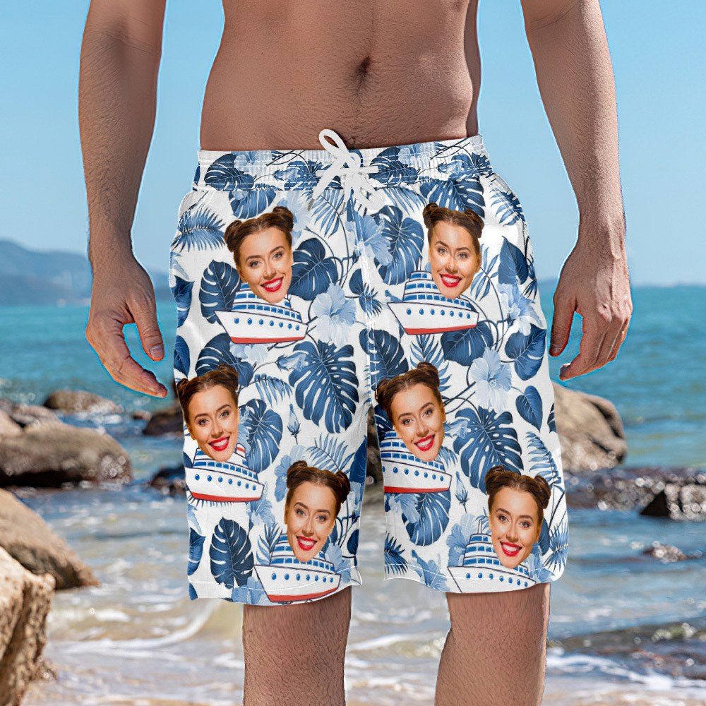 Custom Photo Cruise Ship Beach Shorts Gift For Traveling Lovers Personalized Blue Leaves Face Beach Shorts - MyFaceSocksAU