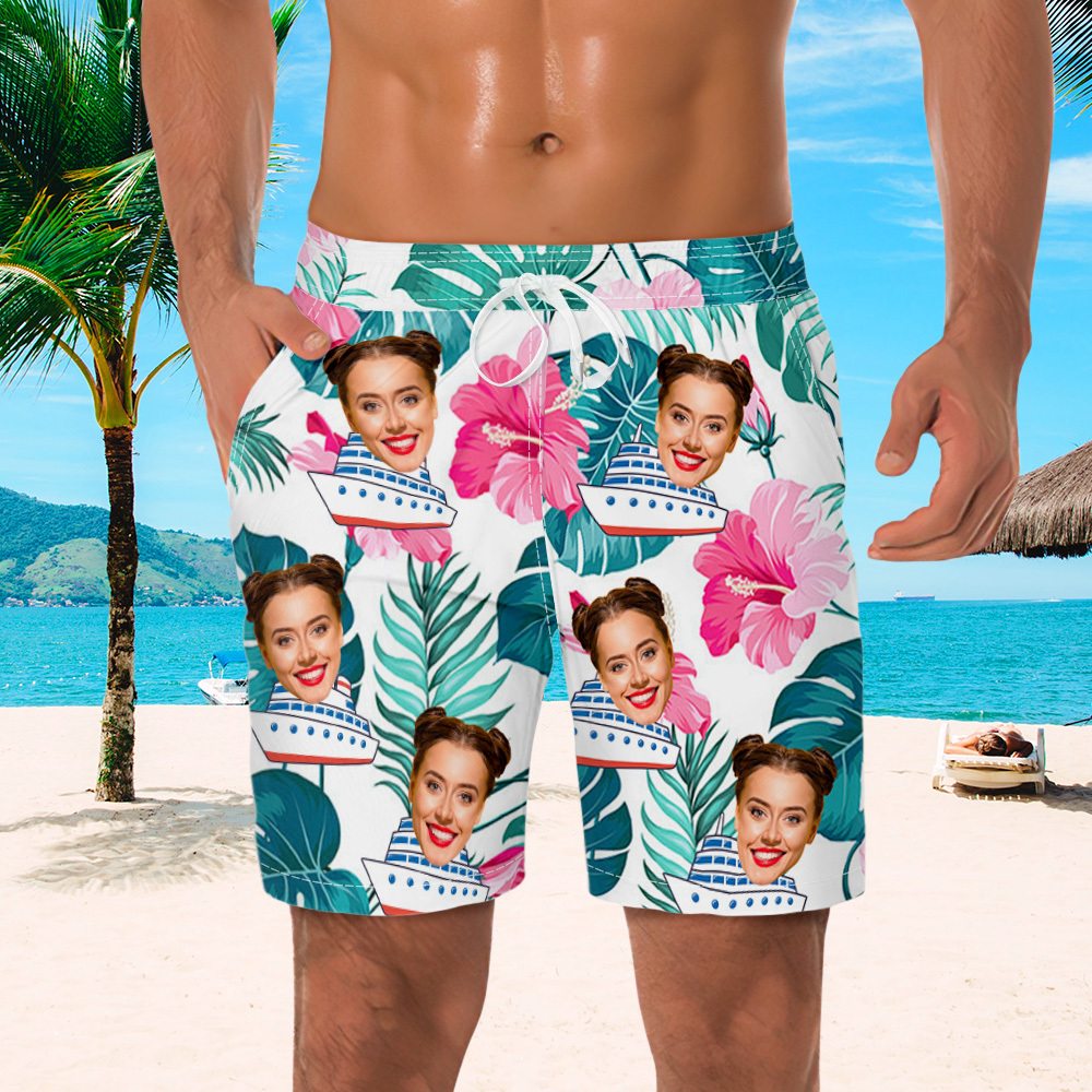 Custom Photo Cruise Ship Beach Shorts Gift For Traveling Lovers Personalized Blue Leaves Face Beach Shorts - MyFaceSocksAU