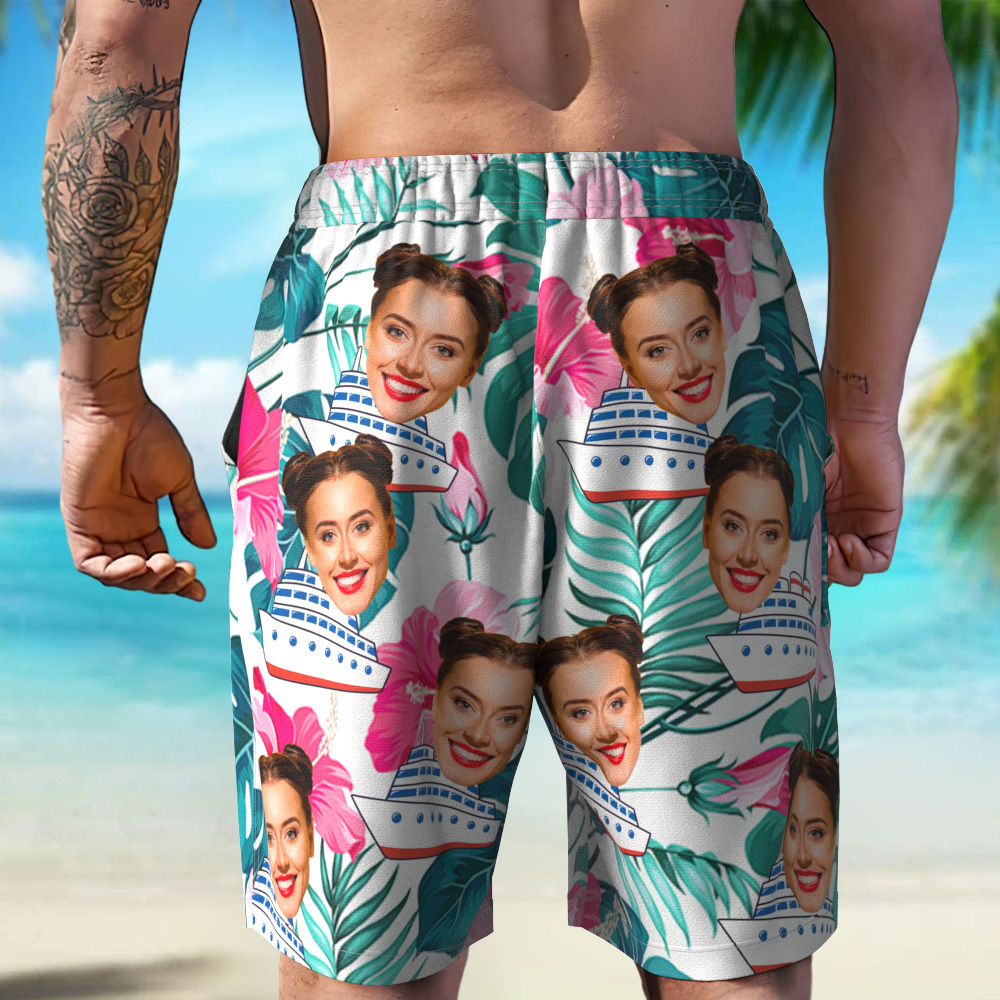 Custom Photo Cruise Ship Beach Shorts Gift For Traveling Lovers Personalized Blue Leaves Face Beach Shorts - MyFaceSocksAU