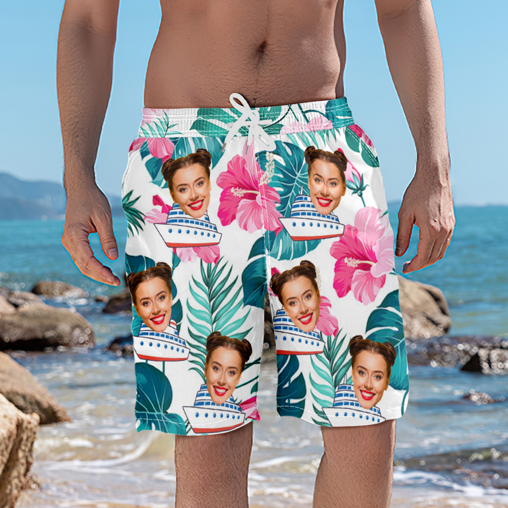 Custom Photo Cruise Ship Beach Shorts Gift For Traveling Lovers Personalized Blue Leaves Face Beach Shorts - MyFaceSocksAU