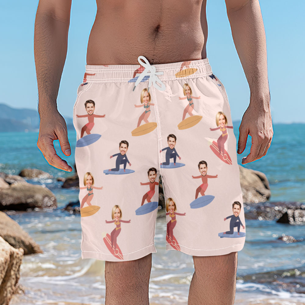 Personalized Face Mens Swim Trunks Custom Tropical Swim Shorts Bathing Suit - MyFaceSocksAU