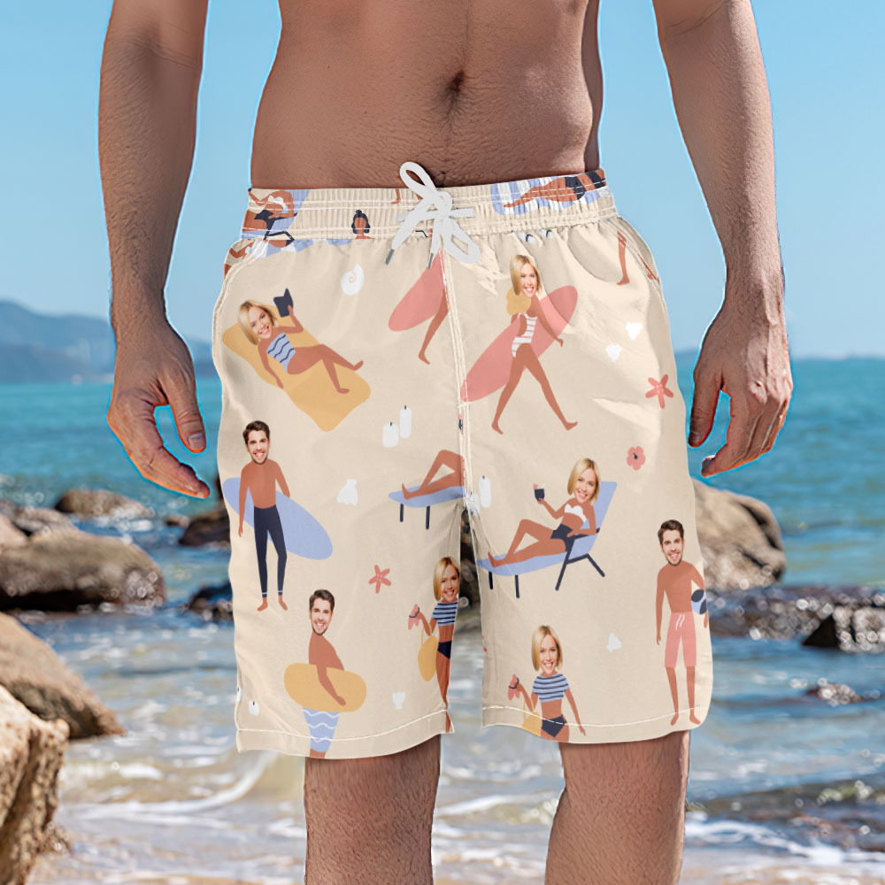 Personalized Face Mens Swim Trunks Custom Tropical Swim Shorts Bathing Suit - MyFaceSocksAU