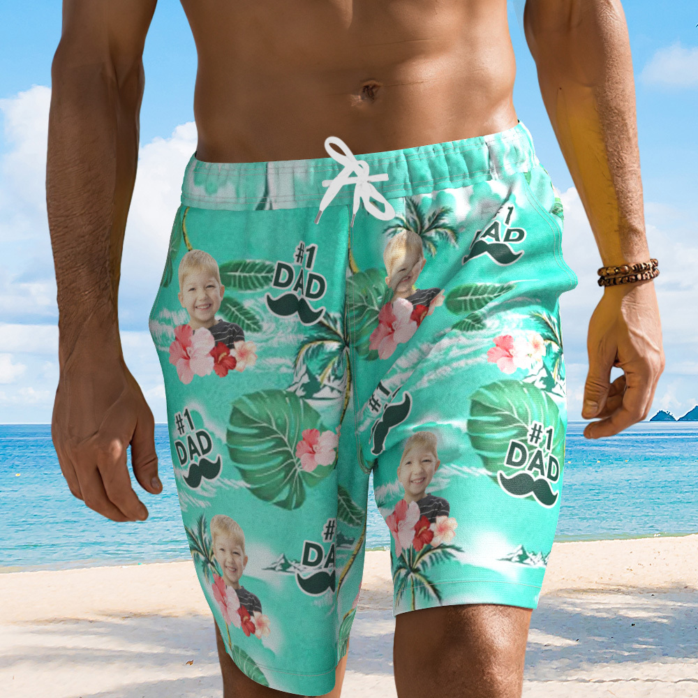Personalized Face Mens Swim Trunks Custom Text Just A Dad and His Girl Tropical Swim Shorts for Dad - MyFaceSocksAU