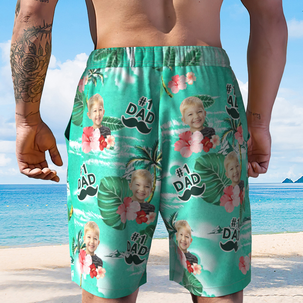 Personalized Face Mens Swim Trunks Custom Text Just A Dad and His Girl Tropical Swim Shorts for Dad - MyFaceSocksAU