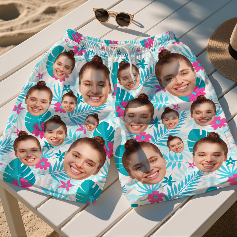 Personalized Face Mens Swim Trunks Custom Summer Hawaiian Tropical Swim Shorts Vacation Gift - MyFaceSocksAU
