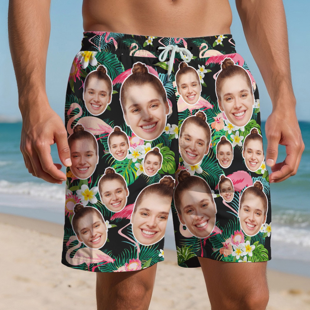 Personalized Face Mens Swim Trunks Custom Summer Hawaiian Tropical Swim Shorts Vacation Gift - MyFaceSocksAU