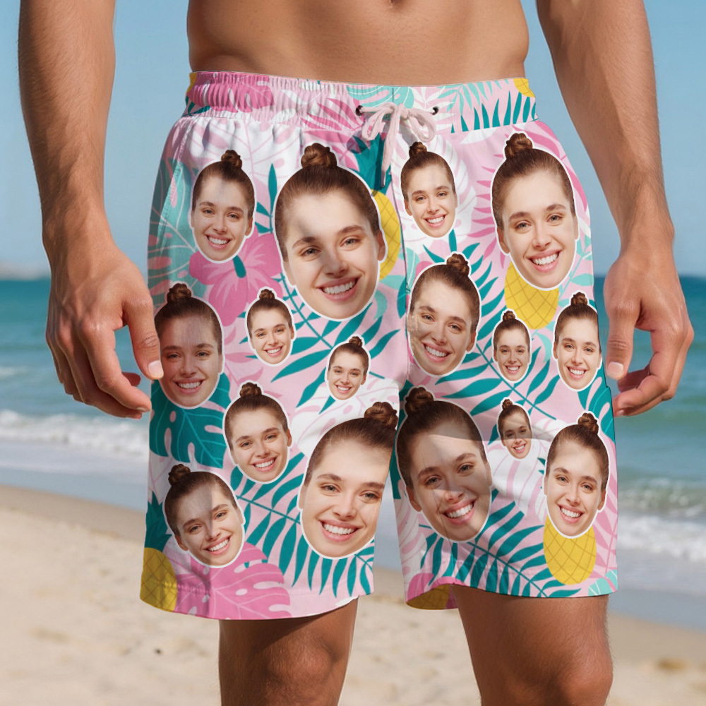 Personalized Face Mens Swim Trunks Custom Summer Hawaiian Tropical Swim Shorts Vacation Gift - MyFaceSocksAU