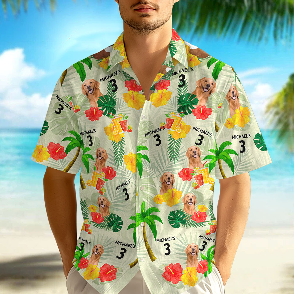 Custom Date and Name Birthday Pet Face Hawaiian Shirt Red Flower and Palm Tree Hawaiian Shirt