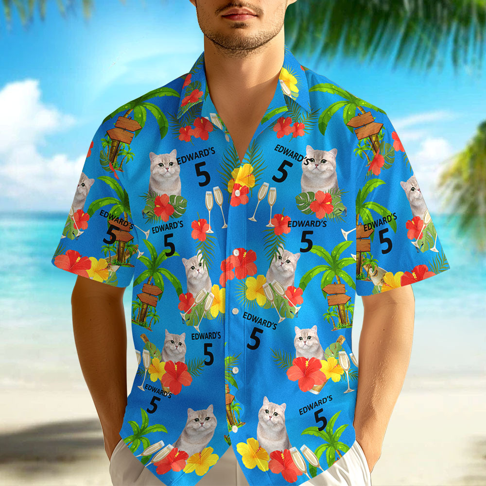Custom Date and Name Birthday Pet Face Hawaiian Shirt Red Flower and Palm Tree Hawaiian Shirt