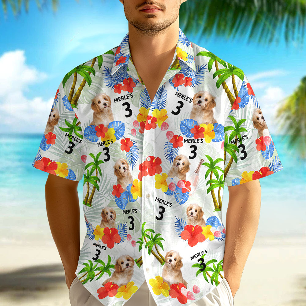 Custom Date and Name Birthday Pet Face Hawaiian Shirt Red Flower and Palm Tree Hawaiian Shirt