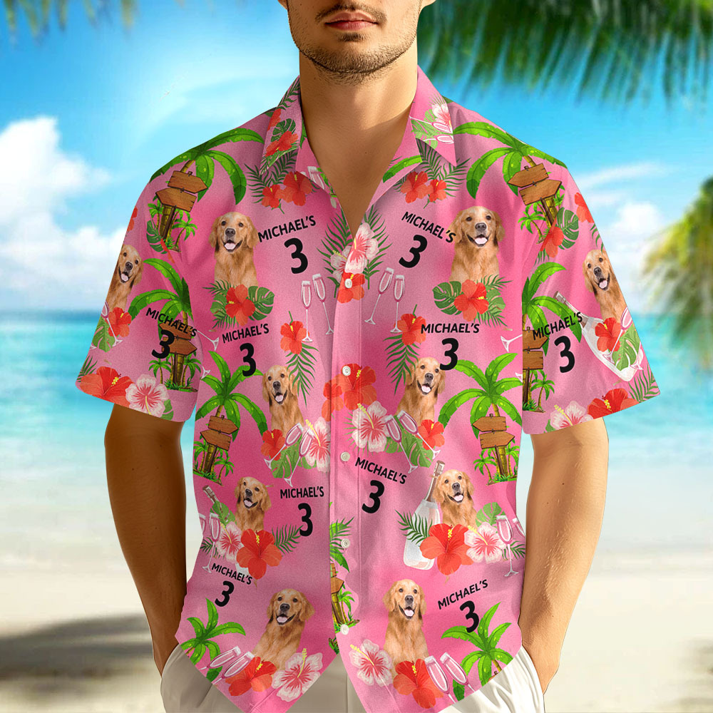 Custom Date and Name Birthday Pet Face Hawaiian Shirt Red Flower and Palm Tree Hawaiian Shirt