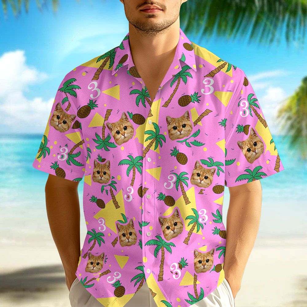 Custom Face And Number Pet Birthday Present Hawaiian Shirts Red And White Coconut Tree Shirts for Dad