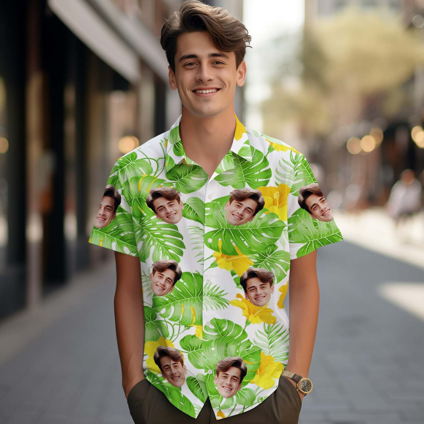 Custom Face Hawaiian Shirts Tropical Sleeves and Flowers Face Green Hawaiian Shirt - MyFaceSocksAU