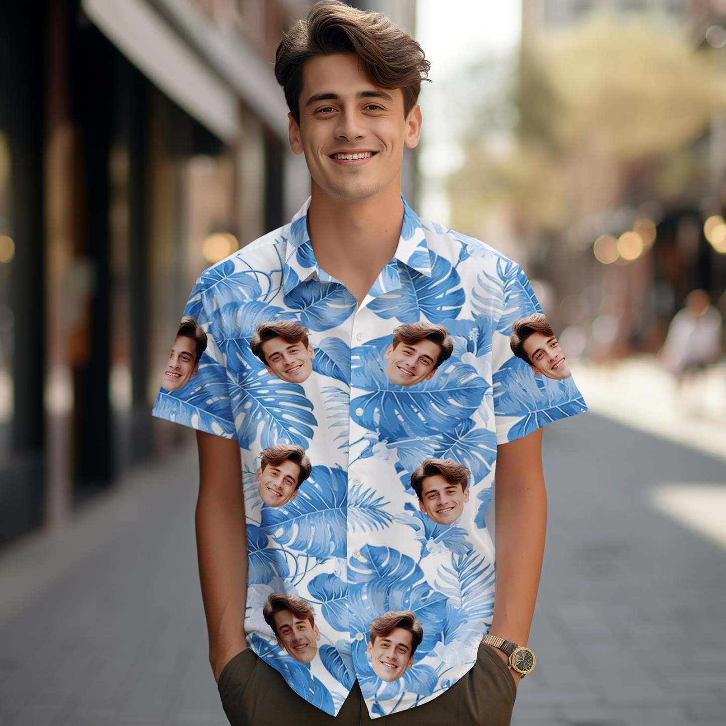 Custom Face Hawaiian Shirts Tropical Sleeves and Flowers Face Light Blue Hawaiian Shirt - MyFaceSocksAU
