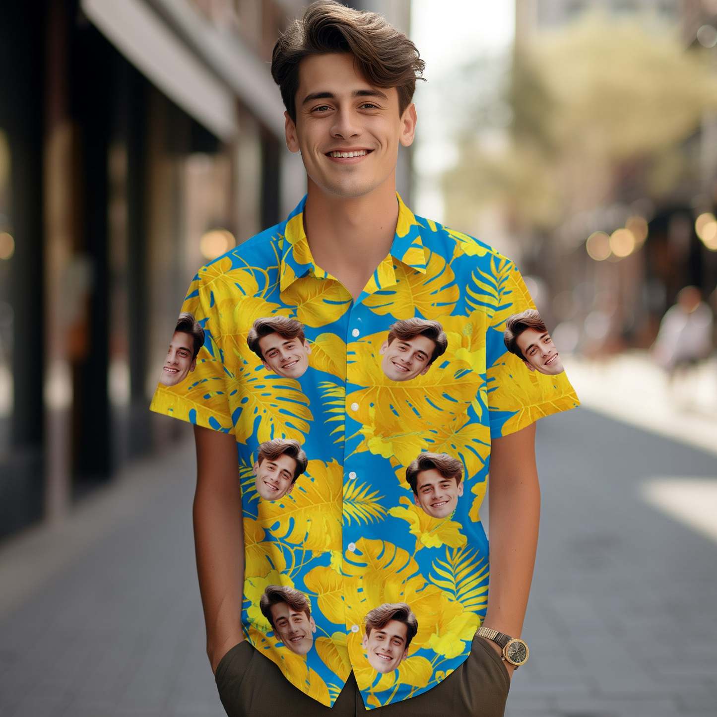 Custom Face Hawaiian Shirts Tropical Yellow Sleeves and Flowers Face Blue Hawaiian Shirt-MyFaceSocksAu