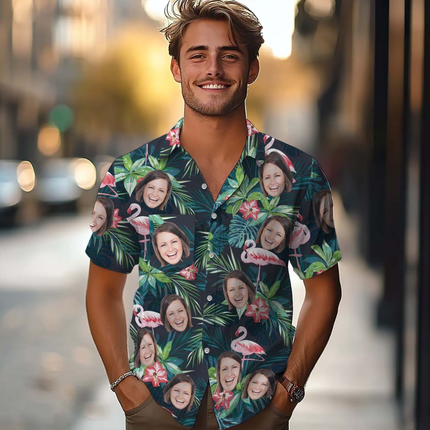 Custom Hawaiian Shirt With Face Personalized Tropical Summer Flamingo Aloha Shirt With Pocket Gift For Lovers - MyFaceSocksAU