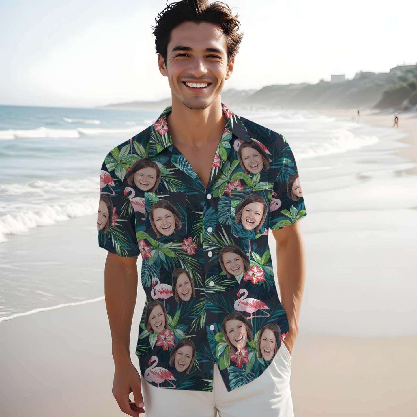 Custom Hawaiian Shirt With Face Personalized Tropical Summer Flamingo Aloha Shirt With Pocket Gift For Lovers - MyFaceSocksAU