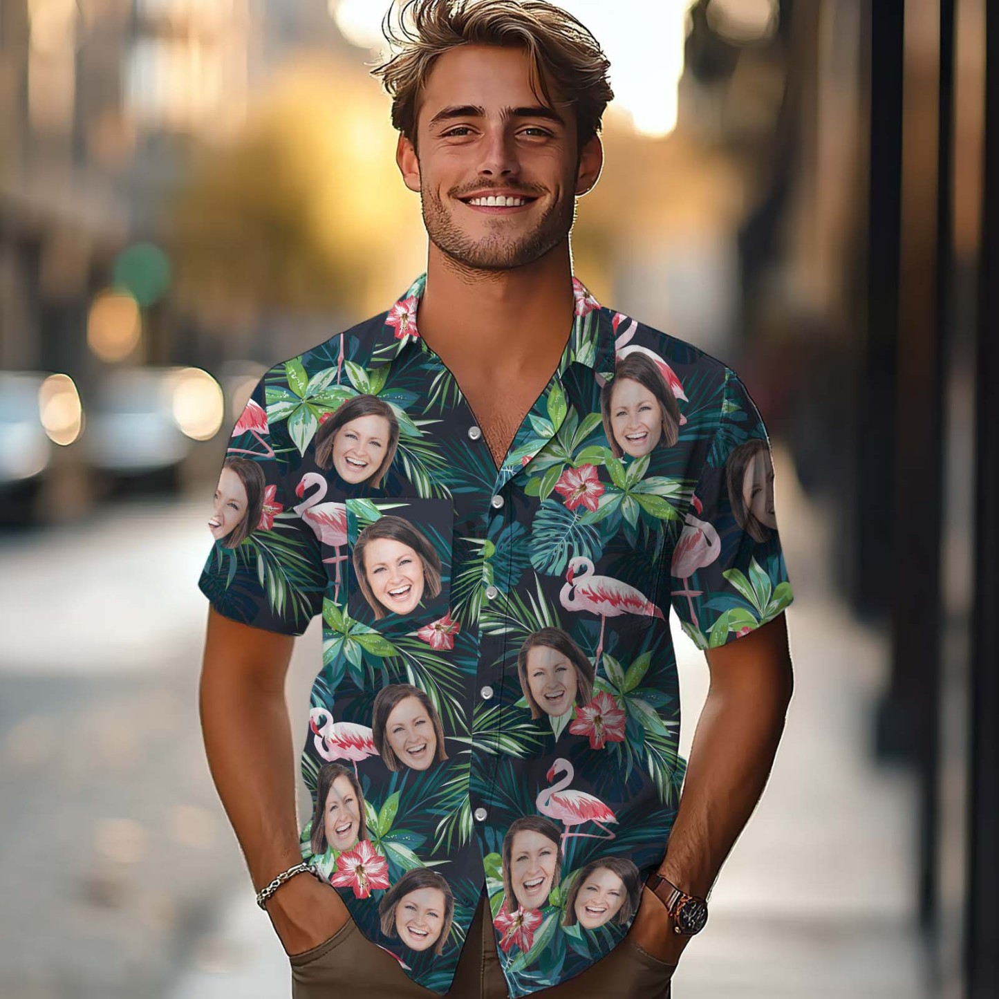 Custom Hawaiian Shirt With Face Personalized Tropical Summer Flamingo Aloha Shirt With Pocket Gift For Lovers - MyFaceSocksAU