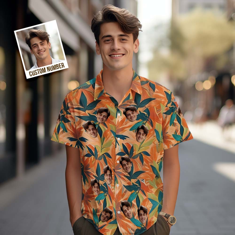 Custom Face Hawaiian Shirts Tropical Leaves Pattern Orange Hawaiian Shirt-MyFaceSocksAu