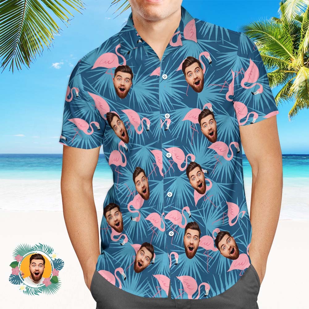 Custom Face Hawaiian Shirts Blue Flamingos Face Hawaiian Shirt - MyFaceSocksAU
