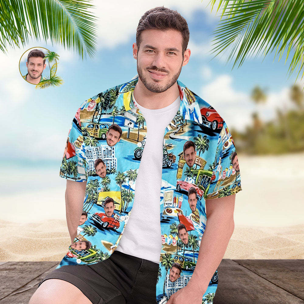 Custom Face Hawaiian Shirts Cartoon Cars and Buildings Mens Hawaiian Shirts - MyFaceSocksAU