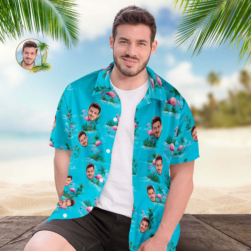 Custom Face Hawaiian Shirts Moonlit Flamingos Blue Hawaiian Shirt - MyFaceSocksAU