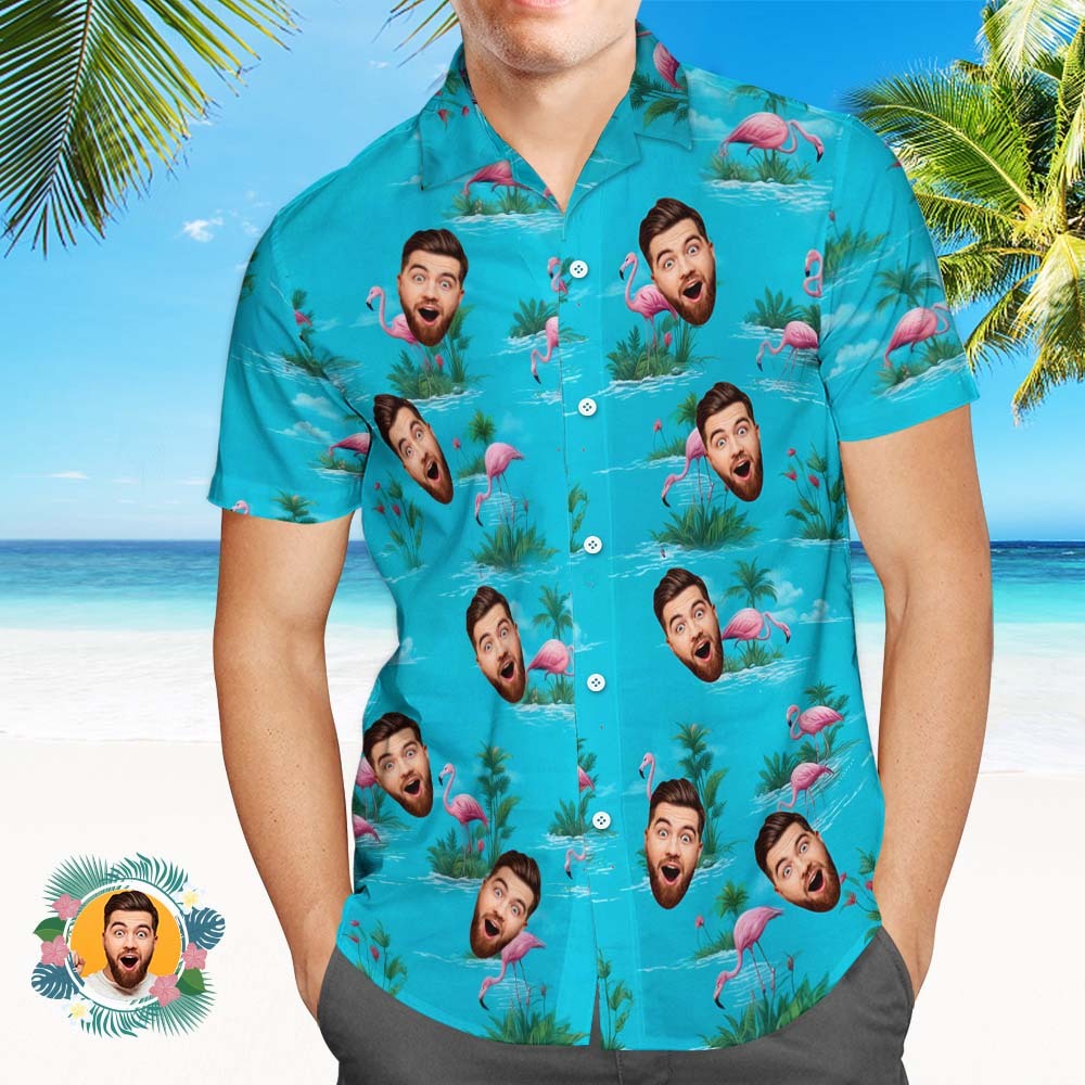 Custom Face Hawaiian Shirts Colorful Light Blue Flamingos Face Hawaiian Shirt - MyFaceSocksAU