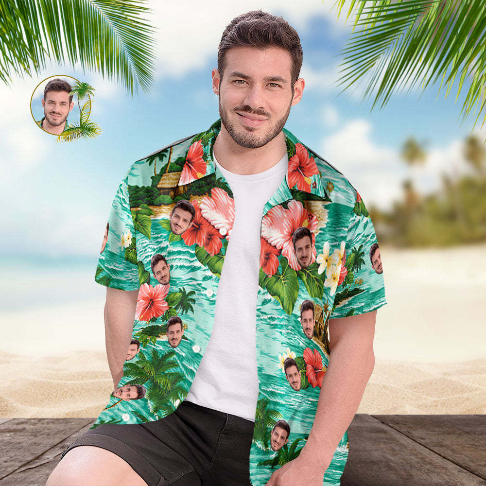 Custom Face Hawaiian Shirt Green Beach Emerald Waters Face Hawaiian Shirt - MyFaceSocksAU