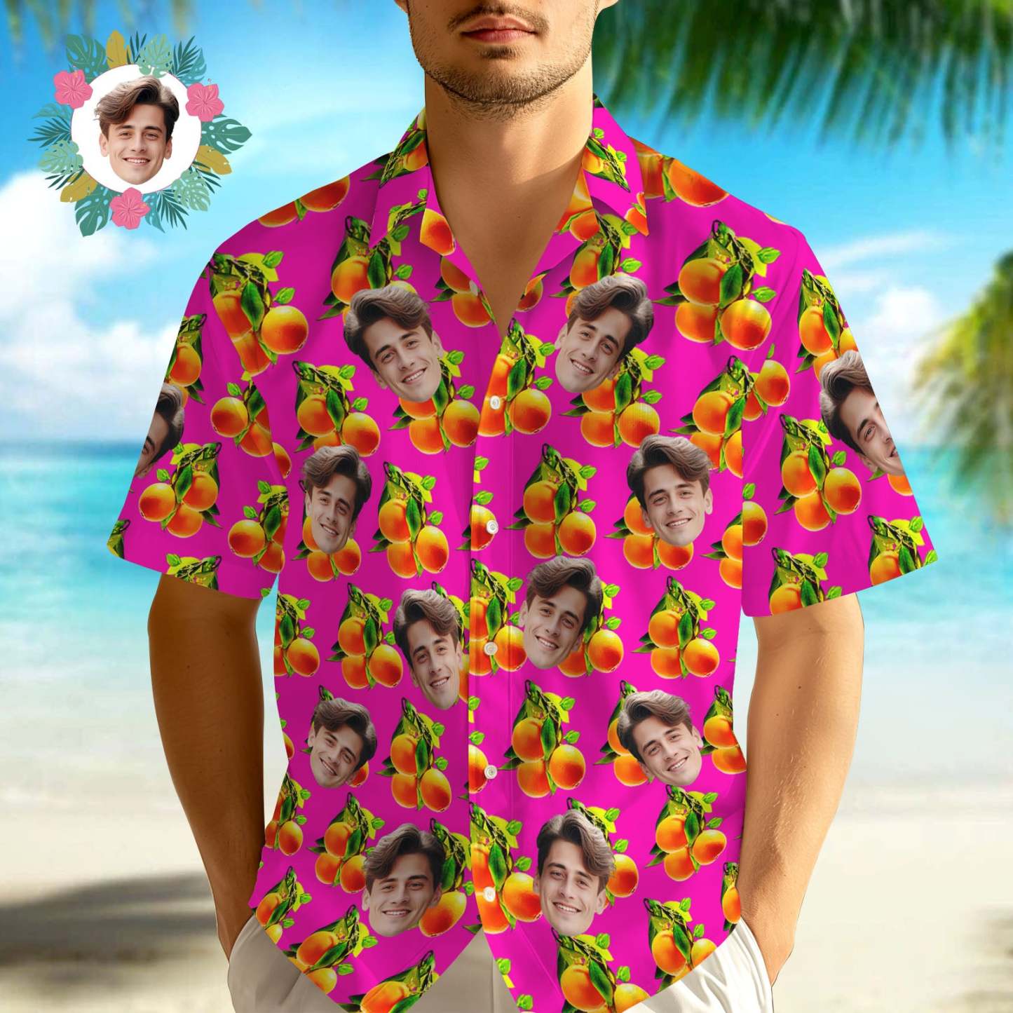 Custom Face Hawaiian Shirt Orange Fruit Pink Face Hawaiian Shirt - MyFaceSocksAU