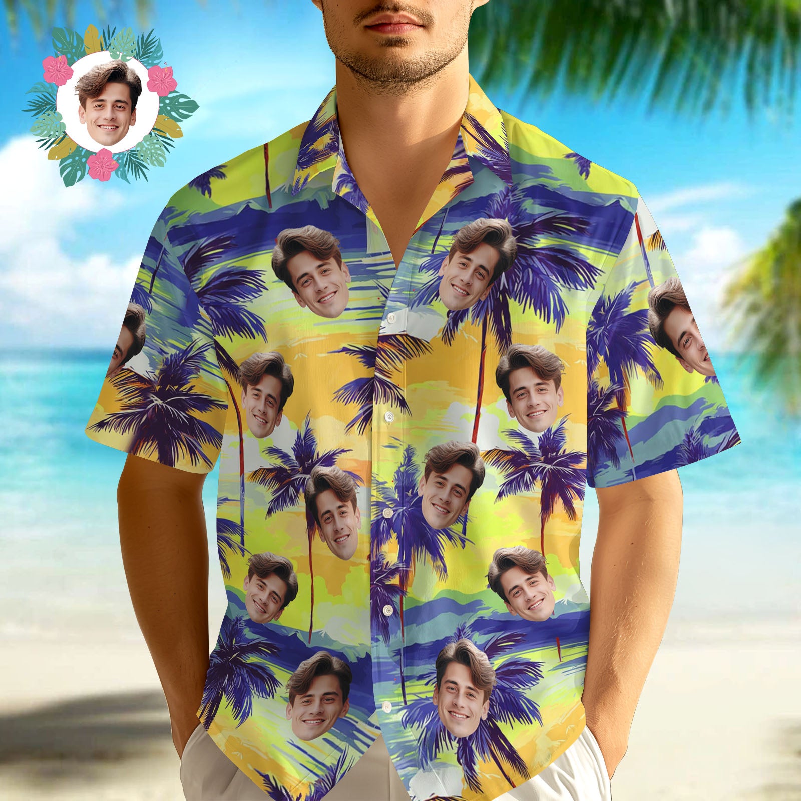 Custom Face Hawaiian Shirt Purple Coconut Tree Photo Hawaiian Shirt
