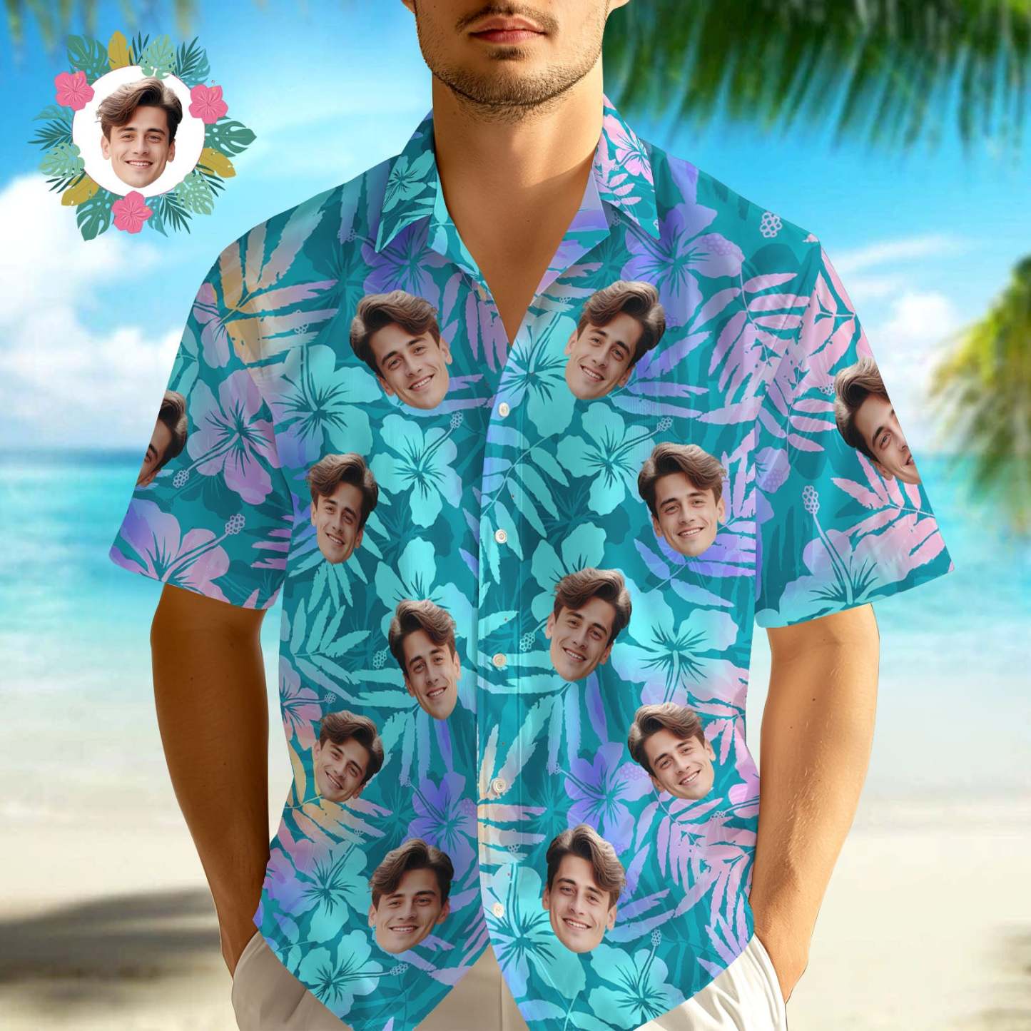 Custom Face Hawaiian Shirt Art Hawaiian Blue Leaves Hawaiian Shirt - MyFaceSocksAU
