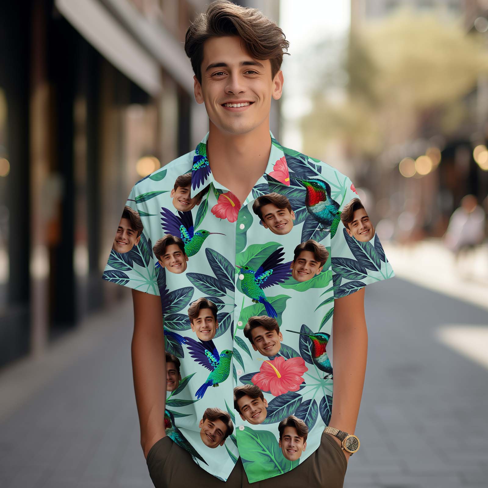 Custom Tropical Leaf Hummingbird Hawaiian Shirt Face Hawaiian Shirt