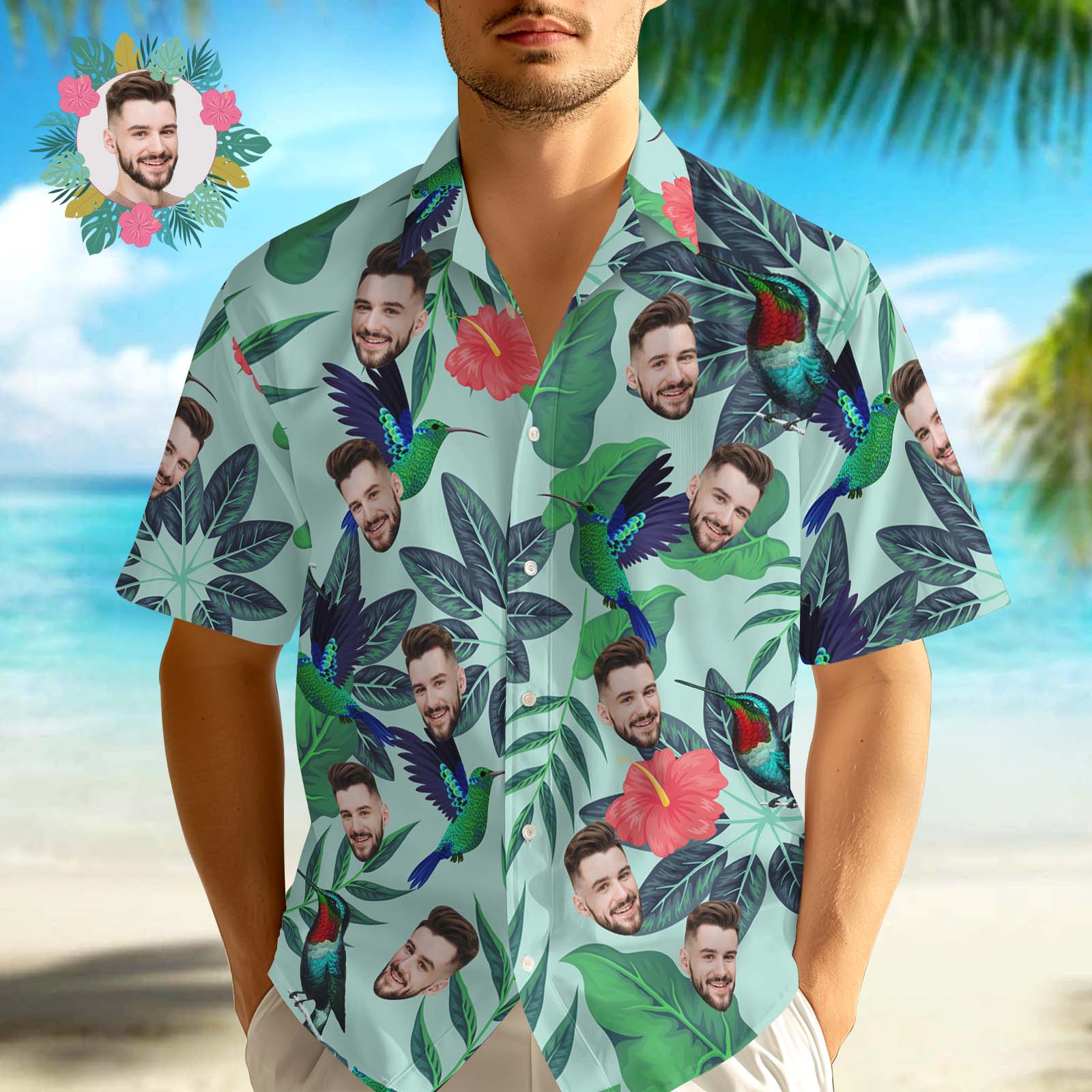 Custom Tropical Leaf Hummingbird Hawaiian Shirt Face Hawaiian Shirt