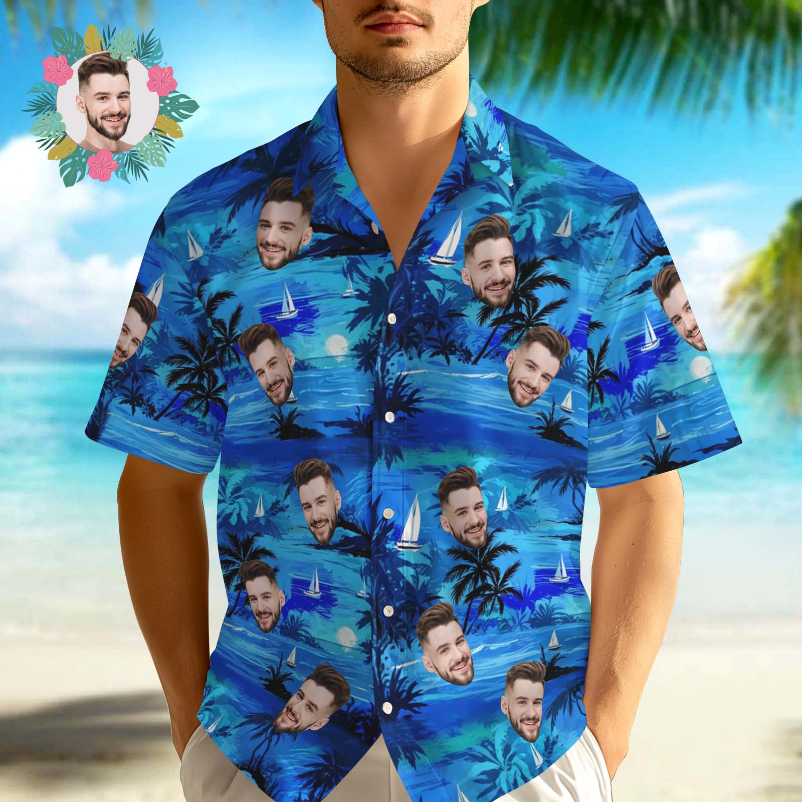 Custom  Blue Island Men's Hawaiian Shirt Summer Hawaiian Shirt