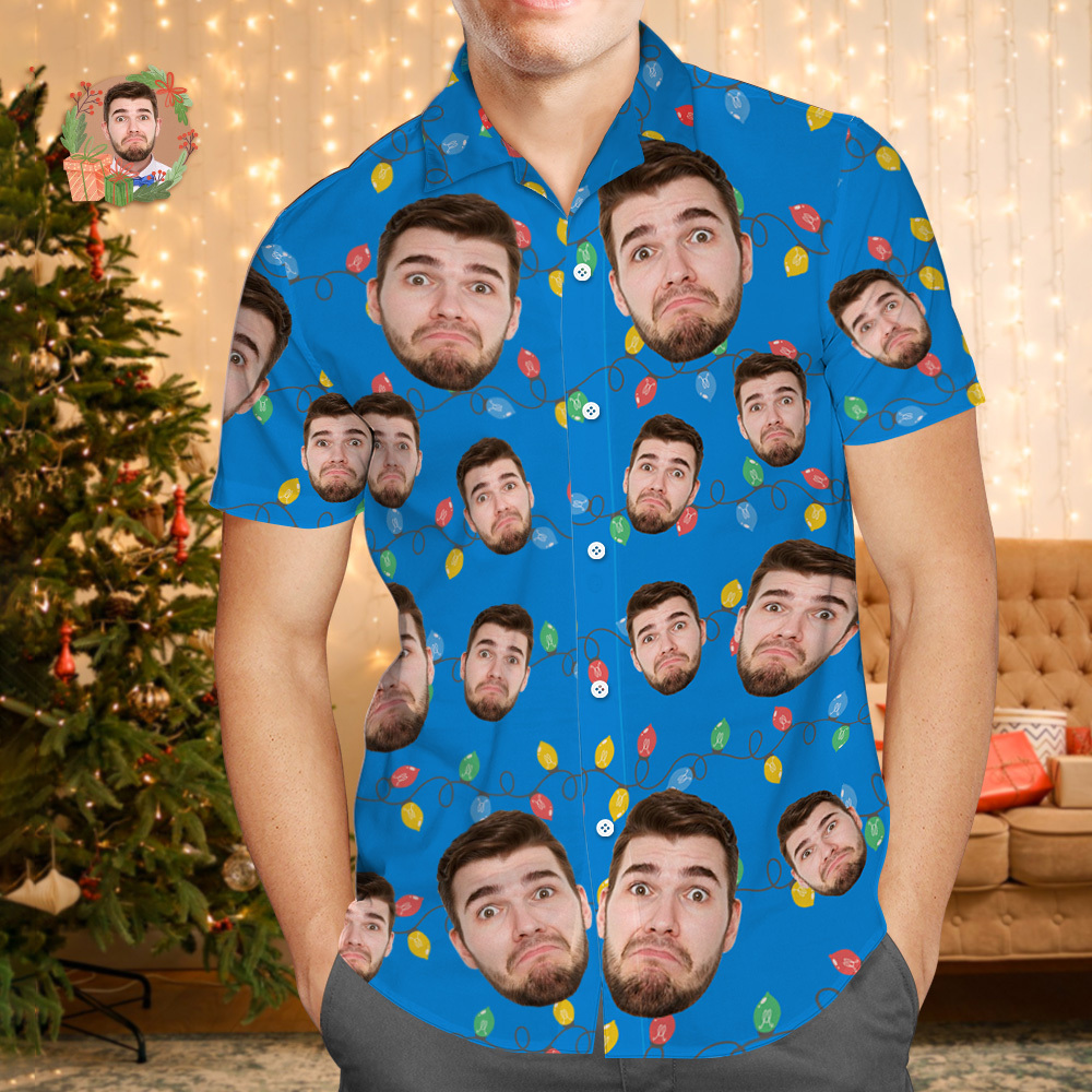 Custom Face Hawaiian Shirt Personalized Xmas Lights Flamingo Flowers And Leaves Beach Holiday Christmas Face Hawaiian Shirt - MyFaceSocksAU
