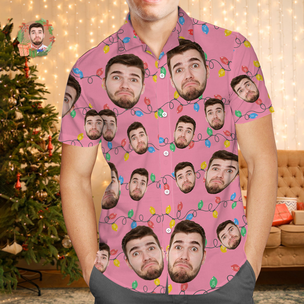 Custom Face Hawaiian Shirt Personalized Xmas Lights Flamingo Flowers And Leaves Beach Holiday Christmas Face Hawaiian Shirt - MyFaceSocksAU